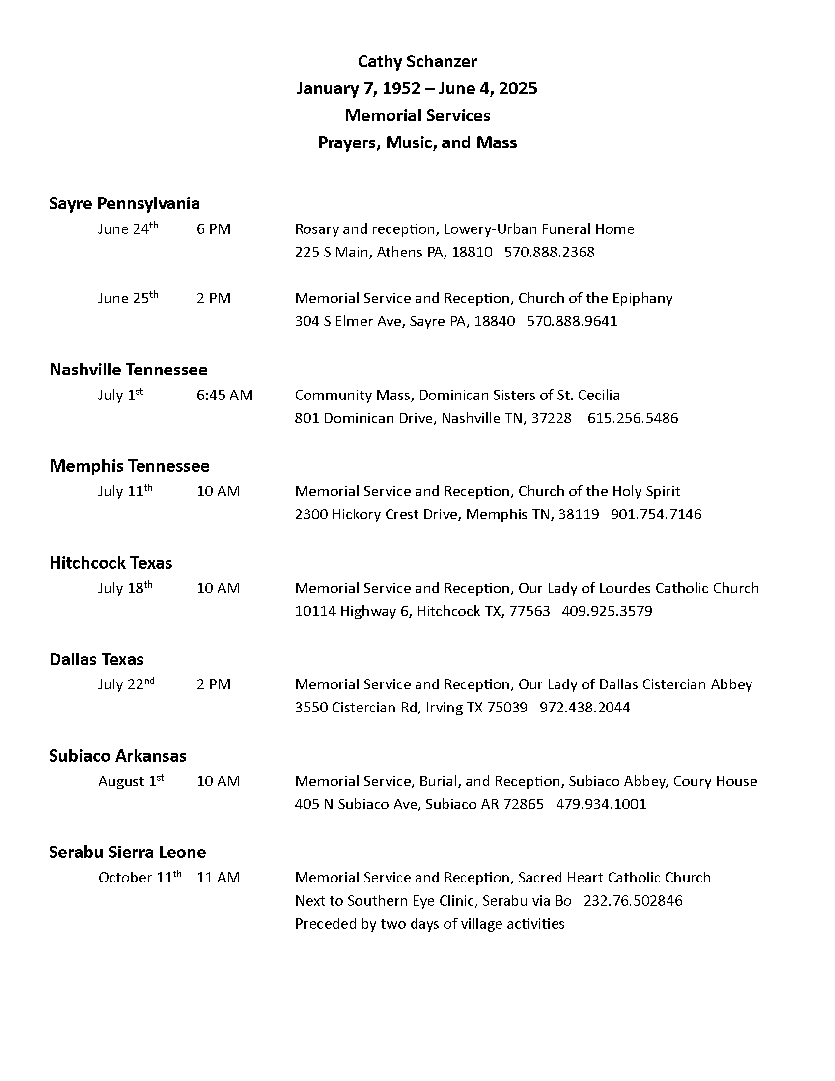memorial Services Dates & Time(1)